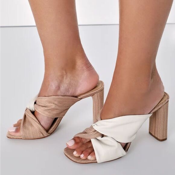 Schutz Wendy Pearl Beige Leather Color Block High Heel Sandals Size 9 EUC - Picture 3 of 8